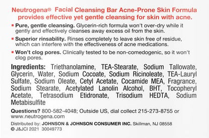 Facial Cleansing Bar Treatment for Acne-Prone Skin, Non-Medicated & Glycerin-Rich Formula Gently Cleanses without Over-Drying, No Detergents or Dyes, Non-Comedogenic, 3.5 Oz